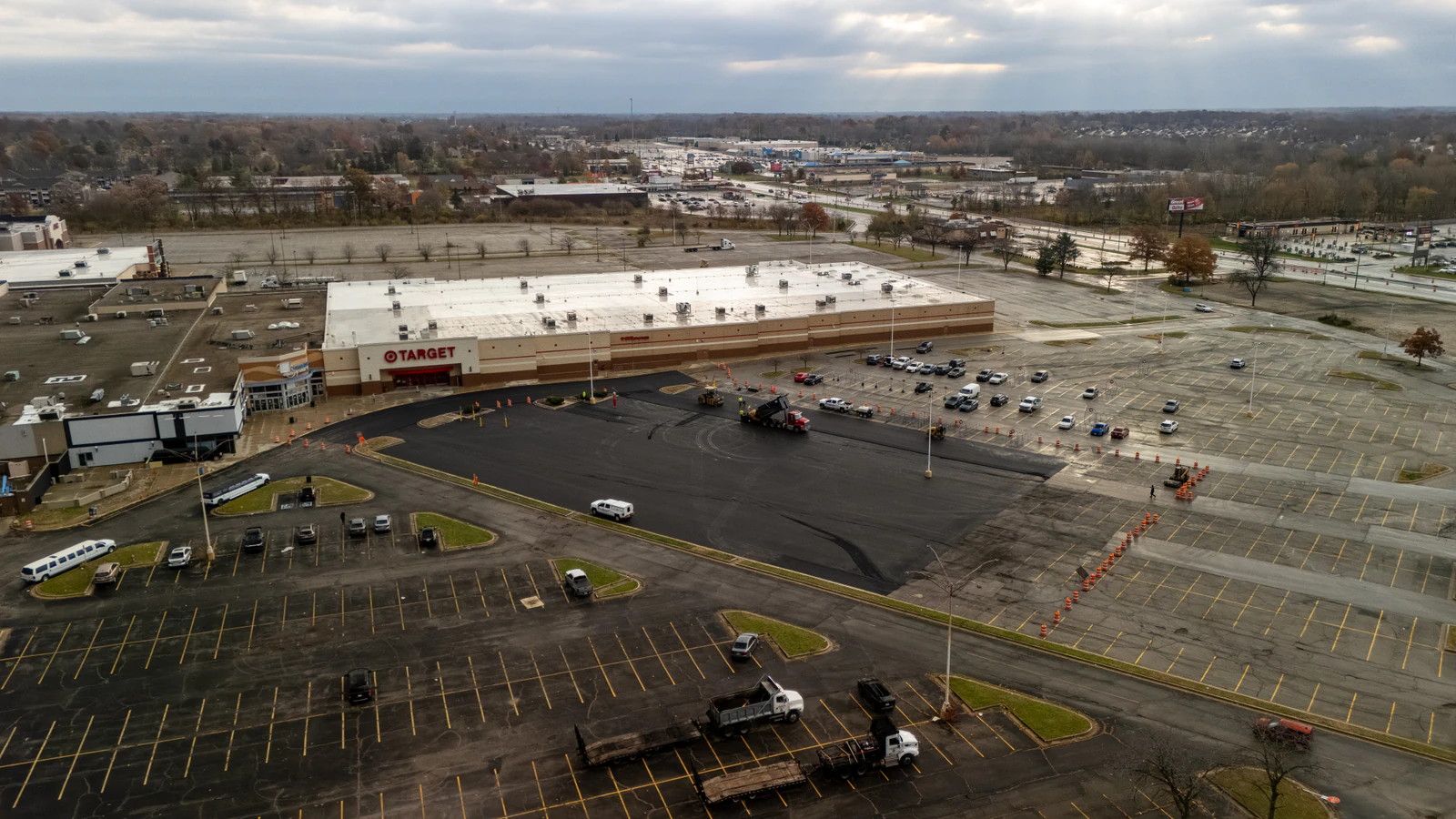 Target store emergency parking lot repair in Northern Indiana — milling, base repair, asphalt paving and striping by Advantage Paving