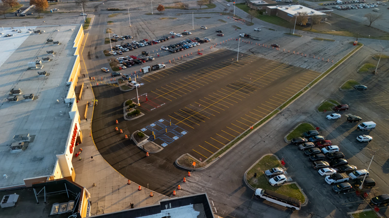Target store emergency parking lot repair in Northern Indiana — milling, base repair, asphalt paving and striping by Advantage Paving