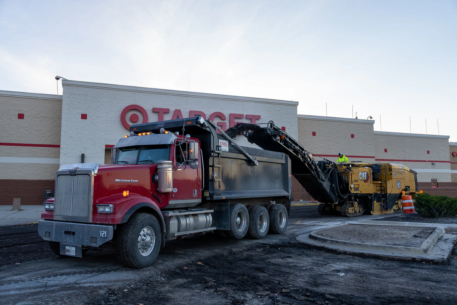 Target store emergency parking lot repair in Northern Indiana — milling, base repair, asphalt paving and striping by Advantage Paving