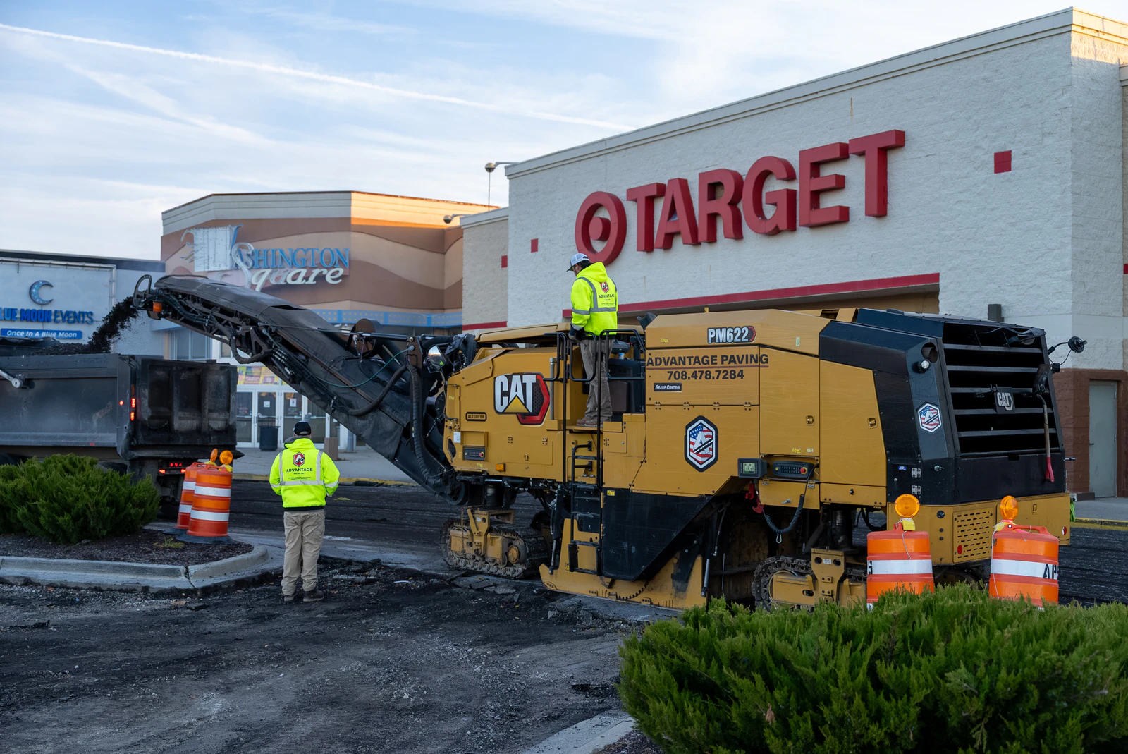 Target store emergency parking lot repair in Northern Indiana — milling, base repair, asphalt paving and striping by Advantage Paving