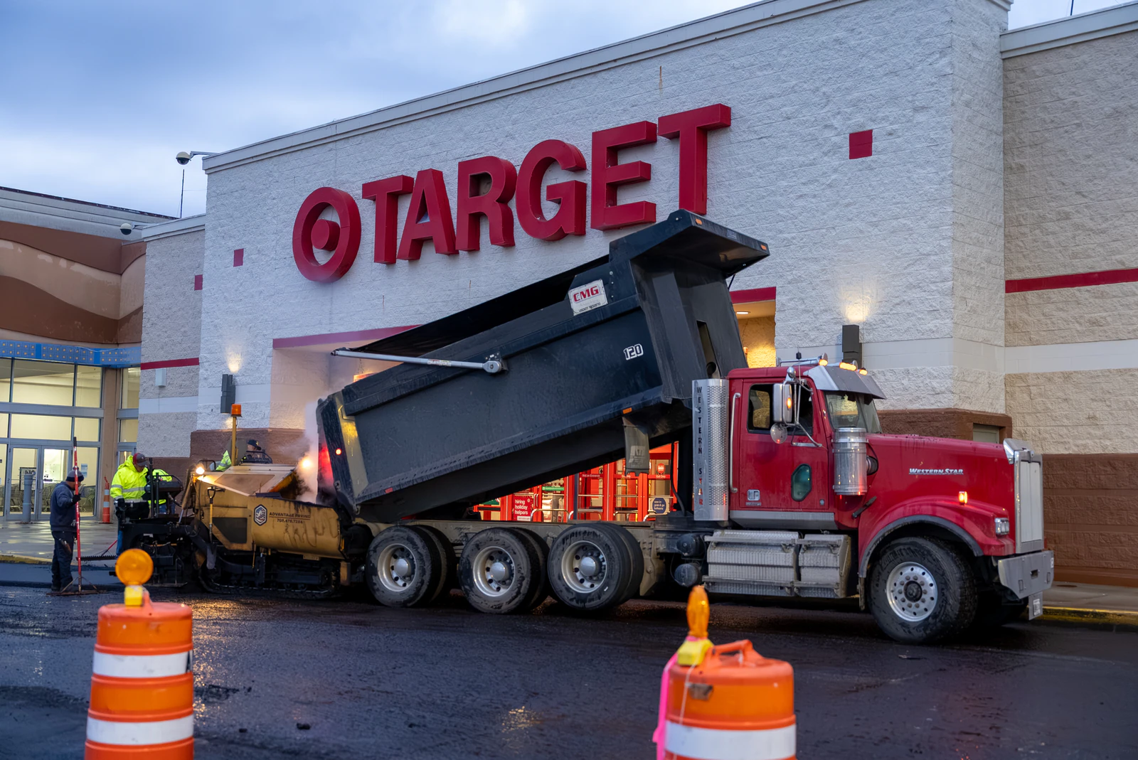 Target store emergency parking lot repair in Northern Indiana — milling, base repair, asphalt paving and striping by Advantage Paving
